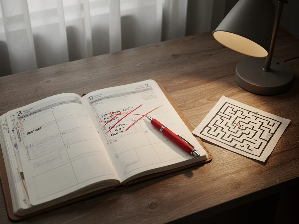 An open planner on a wooden desk, a red pen marking a crossed-out step, beside a small maze drawn on paper, soft shadow 