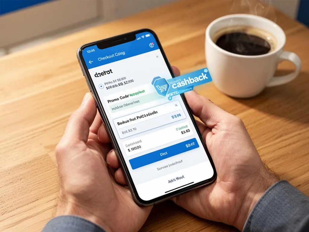 A smartphone held by a hand, screen displaying an e-commerce checkout with a promo code applied and a cashback overlay, 